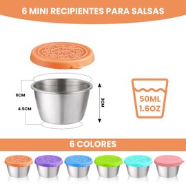 6 Recipientes Pequeños de Acero Inoxidable con Tapa de Silicón Antifugas, 50 ml, Contenedores Reutilizables para Salsas, Aderezos, Semillas, Meal Prep y Llevar en Loncheras
