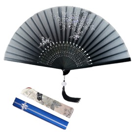VEGCOO Hand Folding Fan, Silk Fabric Fan Handheld Folding Fan With Lotus Pendent/Silk Fan Bag/Fan Gift Box，Hand Fan for Party Gift Wedding Decoration (Black)