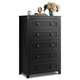 WLIVE Farmhouse 5 Drawer Dresser for Bedroom, Wood Dresser Storage Organizer, Tall Black Dresser with Double Rustic Handle, Chest of Drawers for Living Room, Hallway, Closet