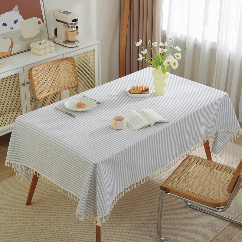 meioro Striped Tablecloth, Rectangular Tablecloth with Tassels, Washable Tablecloths, Decorative