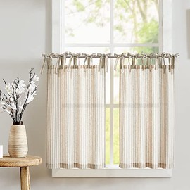 JINCHAN Kitchen Curtains 36 Inch Length Striped Tie Top Linen Tier Curtains Short Curtains for Living Room Bedroom Bathroom Farmhouse Light Filtering Rod Pocket Cafe Curtains 2 Panels Taupe on Beige