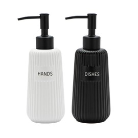 Karisky Kitchen Soap Dispenser Set with Stainless Steel Pump and Funnel, Modern Ceramic Refillable Hand and Dish Soap Dispenser Set for Kitchen, Bathroom, Office, Hotel, Matte Black and White