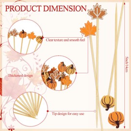 100PCS Pumpkins Maple Cocktail Picks - Fall Theme Fancy Toothpicks 4.7Inch Fruit Drinks Sticks Bamboo Appetizer Toothpicks Charcuterie Skewers for Fall Thanksgiving Day Party Decoration Supplies