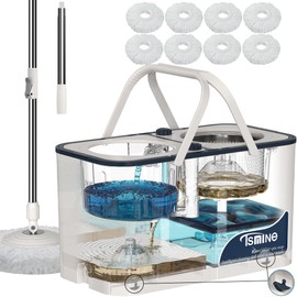 Gen 1 Large-Capacity Spin Mop and Bucket – for Big Homes & Deep Cleaning Days,4-Chamber System Separates Dirty & Clean Water, 2-GAL Heavy-Duty Design with Wheels & 8 Refill Mop Heads - White/Blue