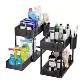 Under Sink Shelf, 2 Tier Standing Shelf, Kitchen Organiser with Sliding Drawer, 2 Set Sink Organiser, with 8 Hooks and 2 Cups, Multifunctional Kitchen Shelf, Spice Rack (Black)