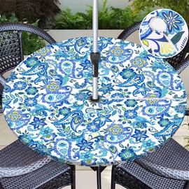 Vaukki Outdoor Picnic Fitted Tablecloth with a Hole and Zipper, Waterproof Patio Table Covers, Camping Zippered Tablecloth for Patio, Picnic, Camping, Dinner (Paisley, Fit 40-52 Inch Round Table)