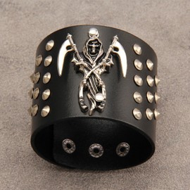JAOYU Leather Cuff Bracelet for Men Death Skull Bracelet for Women Gothic Spike Studded Bracelet Wide Leather Wrist Bracelet