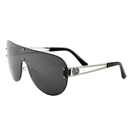 Kleo Lion Head Medallion Oversized Flat Top Luxury Shield Aviator Sunglasses (Silver Metallic Frame, Black Super Dark)