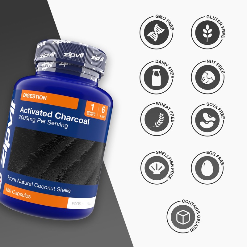 Zipvit Activated Charcoal Capsules 2000mg, Charcoal Tablets Alternative, Digestion Support