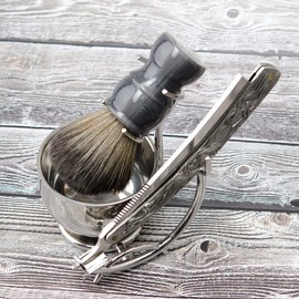 Grandslam Maquinilla de afeitar recta de afeitar, maquinilla de afeitar recta de acero con estropajo de cuero, cepillo de afeitado afilado y puro de tejón con mango de madera, cuenco de afeitar, jabón y soporte, regalo para hombres…