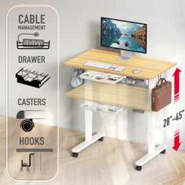 SHW 40-Inch Mobile Electric Height Adjustable Sit to Stand Desk with Drawer, Hanging Hooks and Cable Management, Oak
