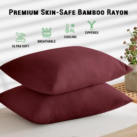 Gogreen Bamboo Rayon Waterproof Pillow Protector, Breathable Pillow Cover, Cooling Pillow Case with Zipper, Super Soft Pillow Case Cover with Zipper (2 Packs, Standard 20"x26", Burgundy)