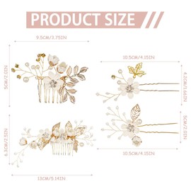 Floral Wedding Hair Accessories for Women Girls Bride - Hair Clip, Hair Comb, Gold Hair Pins, U-shaped Barrette - Pearl Vintage Style - Pack of 4 (white)