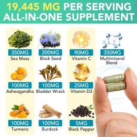 Sea Moss Black Seed Oil Ashwagandha Ginger, Sea Moss Capsule Supplement with Turmeric Bladderwrack Burdock & Vitamin C Vitamin D3, Enhanced Immunity & Energy, 60 Capsule