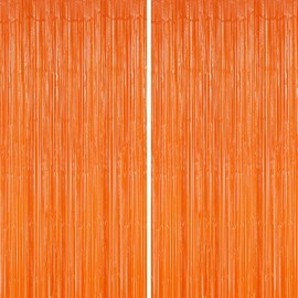 DECOCKRAT 2 Pack Foil Fringe Backdrop - Orange Shiny Tinsel Curtains for Party Decoration/Photo Booth Props - 3.3x6.6 FT Metallic Foil Backdrop for Birthday, Wedding, Graduation, Christmas.