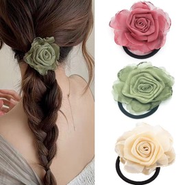 3PCS Handmade Rose Flower Stretchy Hair Ties Elastics Bands Hairbands Ponytail Holders Floral Headbands Stretchy Elastic Hair Band Scrunchy 3 Colors (Style 1, One size)