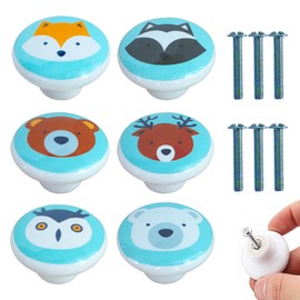 ZFKXGS Pack of 6 Furniture Knobs, Children's Animal Vintage Ceramic Cabinet Knobs, Round Drawer Knobs, Door Knobs, Drawer Knobs, Door Handles, Kitchen for Dresser, Children's Room, Wooden Cabinets,