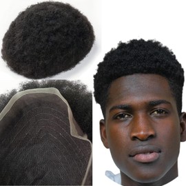 YANAHAIR Afro Curl Toupee for Black Men 10x8 Toupee for Men African hair pieces Mens Units Replacement mens hairpiece Real Human Hair Unit Breathable Fine French Lace Hair System #1 Jet Black, 4mm