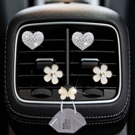 Bling Heart & Flower Air Vent Clips, 4 Pcs White Daisy Car Air Fresheners Vents Clips Car Diffuser Diamond Car Interior Decor Cute Car Accessories Car Decoration for Women + Butterfly Mask Hook
