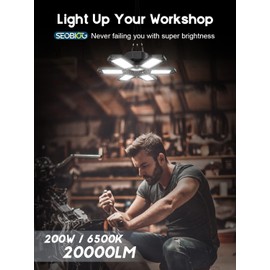 SEOBIOG LED Garage Lights 8 Pack, 200W 20000LM Plug in Linkable LED Shop Light, 6500K Ceiling Light Fixtures with 6+1 Deformable Panels for Garage, Work Bench (Built-in ON/Off Switch)