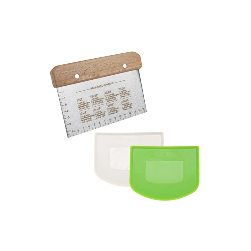 Casoter Professional Dough Scraper Set, 3-Piece, Stainless Steel with Wooden