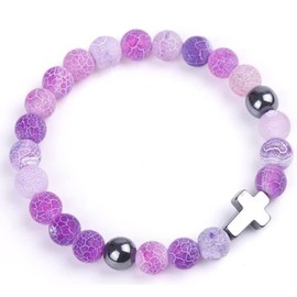 Azusa Sun Religion Cross Natural Stone Beads Stretch Bracelets for Women Men 8MM Bead Cross Elastic Prayer Bracelet Friendship Valentine’s Day Birthday Jewelry Gift - Purple