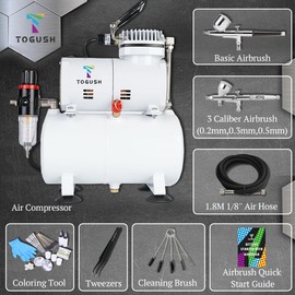 T TOGUSH Airbrush Kit with Air Tank Compressor 2 Dual-Action Gravity Airbrush with 0.2mm 0.3mm 0.5mm Nozzle Air Compressor with Airbrush Coloring Tool Cleaning Brush for Model Paint Hobby Craft