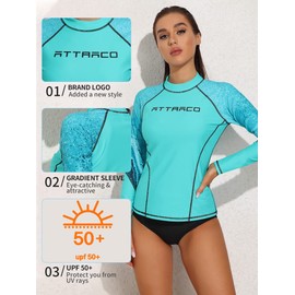 ATTRACO Womens Rash Guard Long Sleeve Sun Protection Rashguard Uv Wetsuit Shirts Aqua L