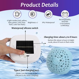 Longzhuo Pool Light, Solar Charging Floating Swimming Pool Light, RGB Color Solar Pool Light with Type-C Cable, IP67 Waterproof Pool Night Light for Outdoor Pool(can Suspension and 3 Power Supply)