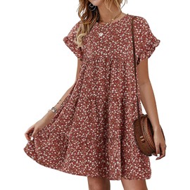 Chuanqi Womens Ruffles Boho Floral Printed Babydoll Loose Swing Casual Short Mini T-Shirt Dress Brick Red