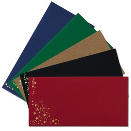 Pack of 25 Envelopes with Metallic Stars DIN Long Mix Set 10, Envelopes in Red, Black, Green, Blue and Kraft Paper with Stars in Gold