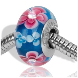 Timeline Treasures Pink Plumeria Rhinestone Flower Charm for European Charm Bracelets Lampwork Glass Stainless Steel