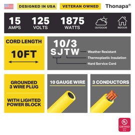 Thonapa 10 ft 10 Gauge Extension Cord with 3 Outlets, 10/3 Heavy Duty Outdoor Extension Cord 10' with Multiple Outlets 3 Prong, 15 Amp SJTW Weatherproof Industrial Cable, Yellow, for Major Appliances