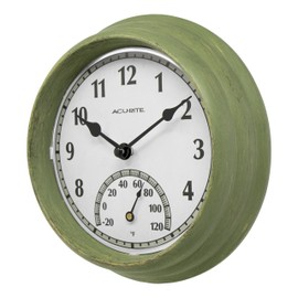 AcuRite 02470 Rustic Green Outdoor Clock with Thermometer, 8.5"