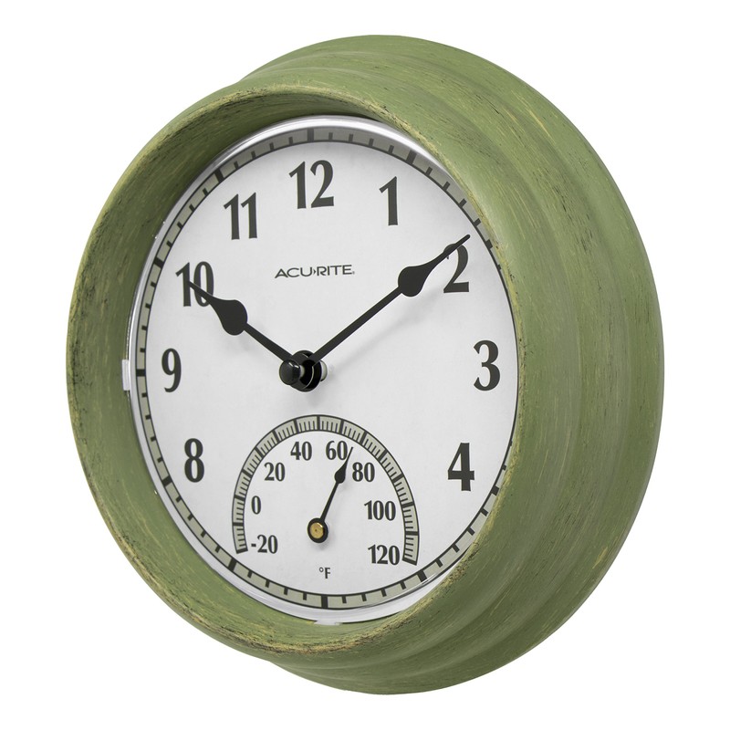 AcuRite 02470 Rustic Green Outdoor Clock with Thermometer, 8.5"