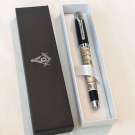 Masonic Symbols Engraved Heavy Weight Silver Metal Fountain Pen, Gift Box (Black, Black)