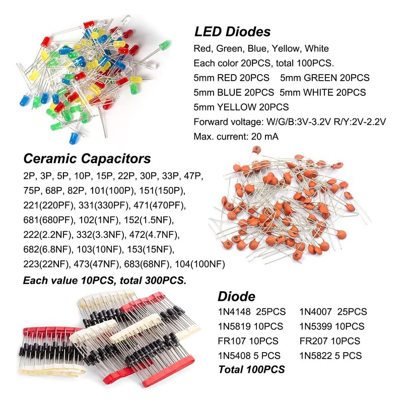 Spacnana 1500PCS Electronic Parts, Resistors, Capacitors, LED Diodes, Electronic Kit