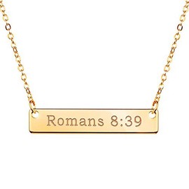 MignonandMignon Gold Christian Necklace Bar Necklace Bible Verse Necklace Faith Necklace Sister Necklace Baptism Gift Birthday Gift Mother's Day Gift -4N (Romans 8:39)