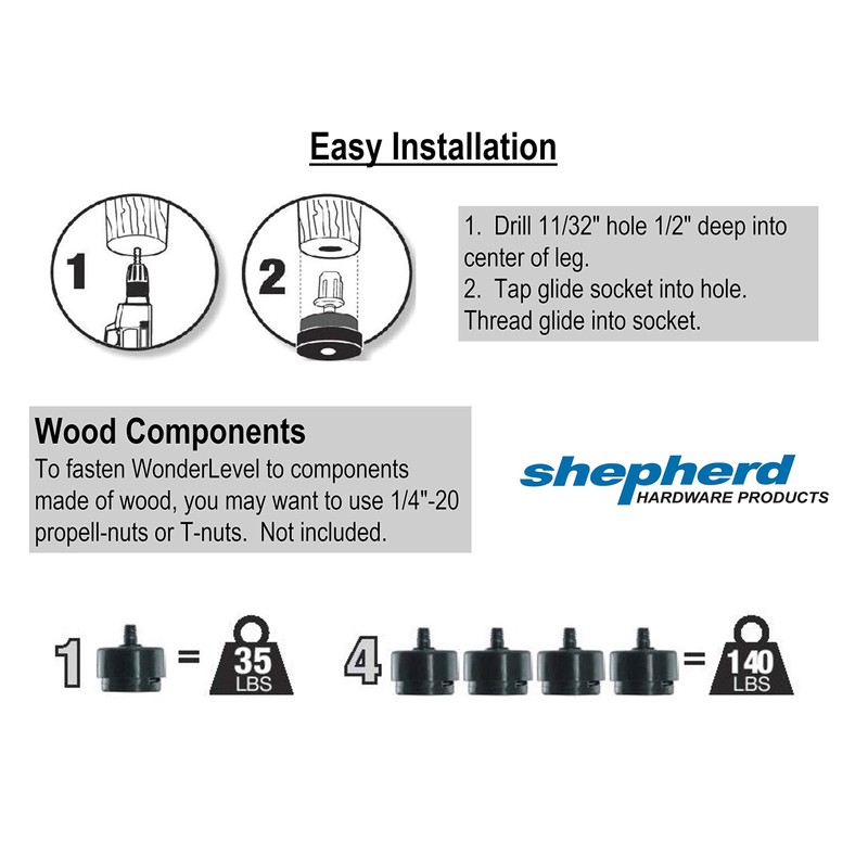 Shepherd Hardware 16-Pack Self-Leveling Table Glides - 1/4" Threaded Stem