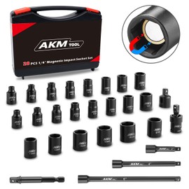 AKM TOOL 1/4 Inch Drive Magnetic Impact Socket Set, 28-Piece SAE/Metric, 1/4 Inch-9/16 Inch, 5mm-15mm, 6 Point, Cr-Mo, Square Drive, with Impact Socket Adapter, Universal Joint & Extension