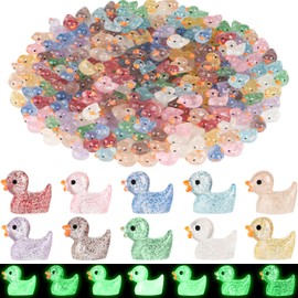 130pcs Mini Glitter Ducks Colorful Tiny Small Little Resin Ducks to Hide Plastic Animal Figures for for Dollhouse, Fairy Garden, Landscape, Aquarium Decorations, Christmas Party