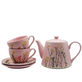 Cookspire Porcelain Tea Set - Modern Pink Tea pot (28.7 fl oz) and 2 Tea Cups with Saucers (9.2 fl oz) with Floral Design, Quality Craftsmanship for Tea Time, Ideal Tea Gift Set