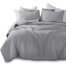 KASENTEX Quilt Mini Set-Stone Washed-Super Soft Bedspread-Light Weight-Hypoallergenic-White Down Alternative Microfiber Fill-Machine Washable-Solid Colors, Full/Queen + 2 Shams, Grey