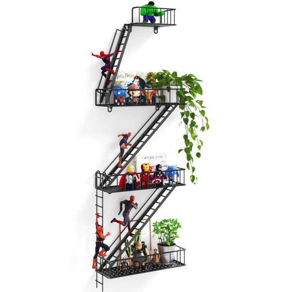 Beskadi Fire Escape Wall Shelf - 4 Tier Metal Black