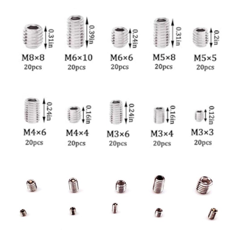 CuiCanfla Allen Head Socket Set Screw, 200 Pcs M3/M4/M5/M6/M8 304