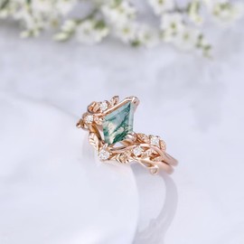 DONGHU 1ct Kite Shape Natural Moss Agate Engagement Ring Set Size 4 Sterling Silver Rose Gold Plated Moss Agate Ring Set Leaf Green Moss Agate Unique Bridal Wedding Ring Set for Women