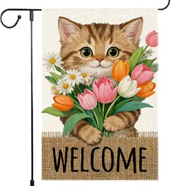 Welcome Cat Garden Flag 12x18 Inch Double Sided Burlap Small Spring Summer Tulip Flowers Butterfly Floral Flags Decor Patio Lawn Outside farmhouse home Flags Decorations