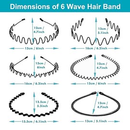Diademas de Metal, 6 Piezas Elástico Diadema Ondulada Unisex, Multiestilo Diademas de Metal Onduladas con Resorte, Antideslizante Aro para el Cabello para Hombres y Mujeres Adecuado
