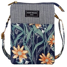 LassZone Canvas Crossbody Phone Bag for Women Girls Small Cross Body Bag Mini Shoulder Hanndbags 5 Layers Coin Purse Wallet with Floral Pattern (Blue)