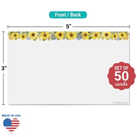 321Done Sunflower Floral Index Cards - Blank, No Lines - (50) Small 3x5 White Cards - For Studying, Learning, Flashcards, Desk Notes, Messages, Notecards, Card Making - Cute, Pretty - Made in the USA